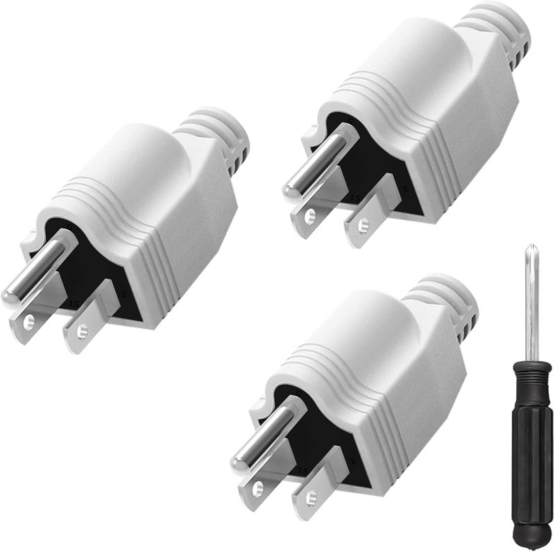 OFOAEEA Replacement Plug 3 Prong, 3 Pack 3 Prong ReplacementPlug with 1 Screwdriver, Neutral Ground Bonding Plugs, 3 Wire 15A 125V Male Plugs, Power Plug Replacement, White - Image 1